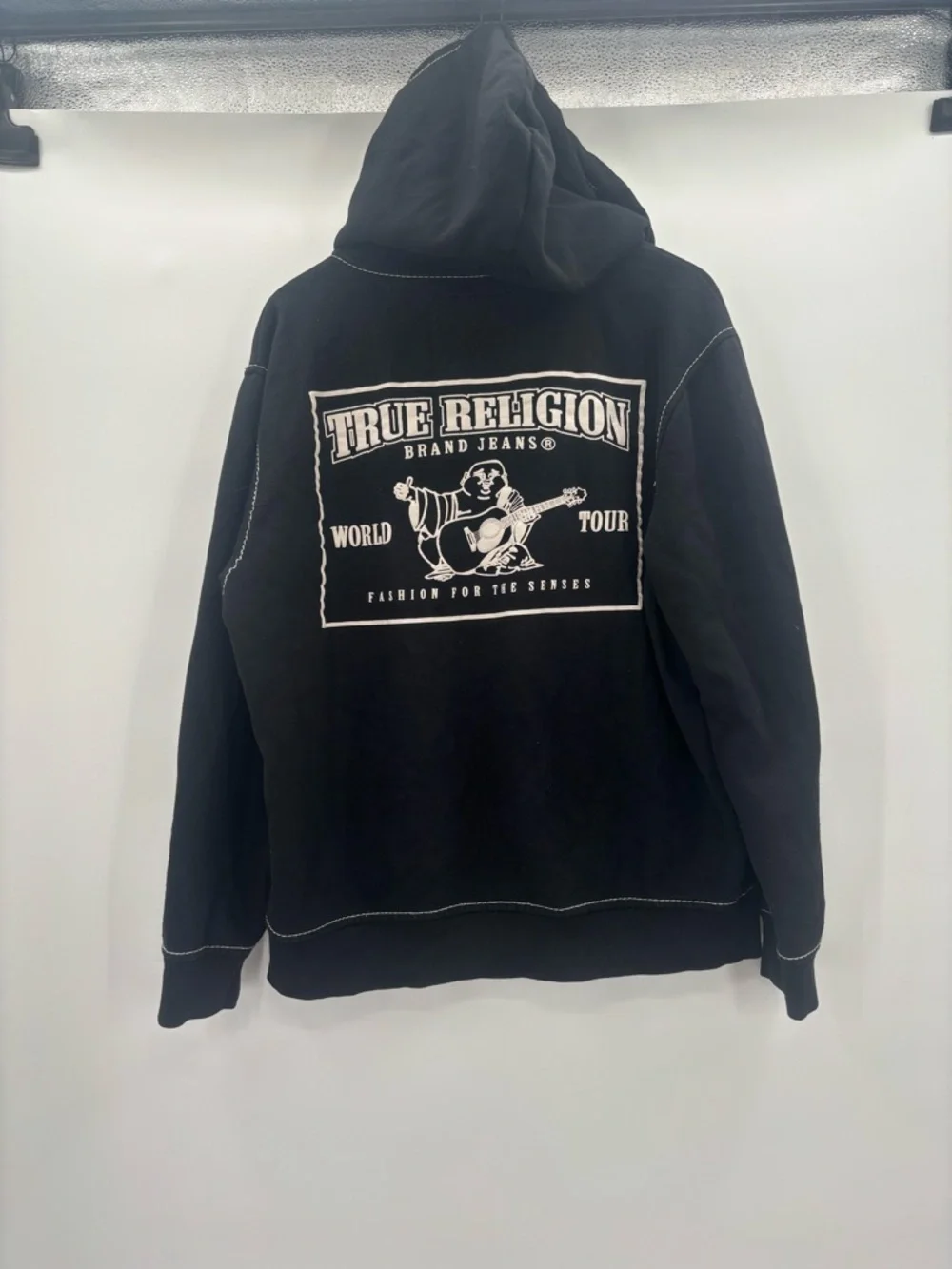 True Religion Big T Black Zip-Up Hoodie with White Contrast Stitching